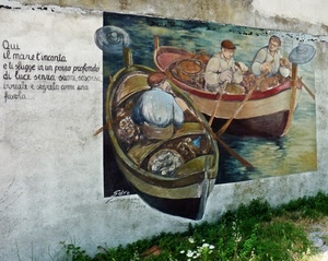 barche, pescatori, murales, erba, muro, verde, scritta, fiori, disegno, poesia, mare, due, murale, remi, bianco, affresco, dipinto, pesca, lampare