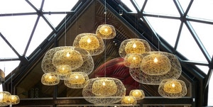 luci, lampadari, vetro, lampade, esposizione, struttura, giallo, lampadine, tetto, metallo, fili